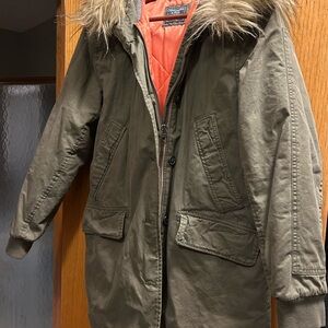 Abercrombie & Fitch Khaki Utility Jacket with Faux Fur Trim